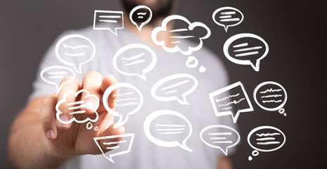 Aufkleber - Abstract image of a person interacting with digital speech bubbles, representing communication and ideas.