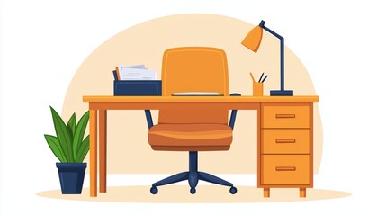 Poster - Modern Workspace Design with Ergonomic Chair, Desk Organizer, Table Lamp, and Green Plant in Minimalist Style