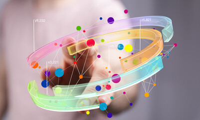 Poster - Abstract image of a hand interacting with a colorful 3D network graph, ideal for technology, data analysis, and connection concepts.