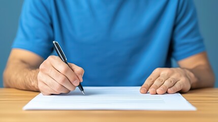 Poster - Person in Blue Shirt Writing on White Paper with Pen on Wooden Desk in Bright Indoor Setting