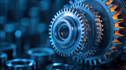 Poster - Intricate Close-up of Industrial Gears in Deep Blue Light Reflecting Precision and Engineering Excellence