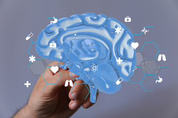 Aufkleber - 3D model of a human brain with medical icons. Healthcare, neuroscience, neurology.