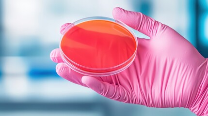 Poster - laboratory hand holding petri dish with bright red culture media in focus under laboratory lighting 
