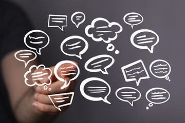 Aufkleber - Image of hand interacting with speech bubbles, ideal for communication, dialogue, and conversation concepts.