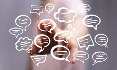 Aufkleber - Abstract image of speech bubbles around a hand, symbolizing communication, social media, networking, and online interaction.