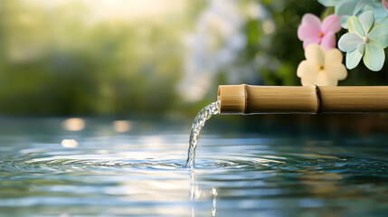 Poster - Bamboo fountain flowing water tranquil serene nature flower outdoor peaceful garden relaxation