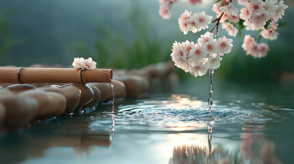 Aufkleber - Cherry blossom branch bamboo fountain water ripple serene tranquil nature spring peaceful reflection