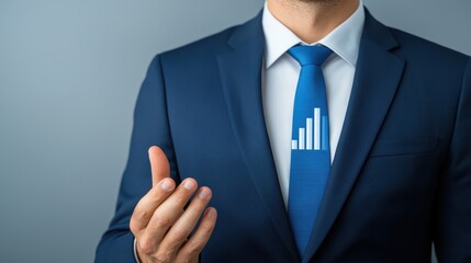 Poster - Professional Businessman Presenting Growth Chart in Stylish Suit with Blue Tie on Gray Background