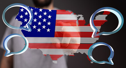 Aufkleber - USA map, digital communication, social media, online interaction, national pride, American flag, technology.