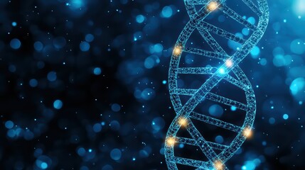 Poster - High-Quality Abstract Digital Art of DNA Double Helix Against a Dark Background with Blue Particles and Glowing Elements