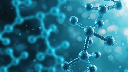 Poster - molecular structure visualization in blue tones with blurred background and soft bokeh effects