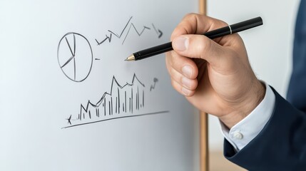 Poster - Businessman Analyzing Market Trends with Charts and Graphs on Whiteboard in Professional Office Setup