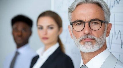 Poster - Confident Business Team Analyzing Market Trends, Focused Professionals in Modern Office Setting