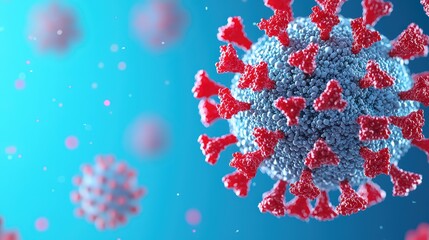 Poster - Three-Dimensional Representation of a Coronavirus Particle in Vibrant Colors Against a Soft Blue Background