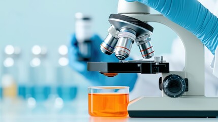 Poster - laboratory microscope with glass petri dish and orange liquid in scientific research setting