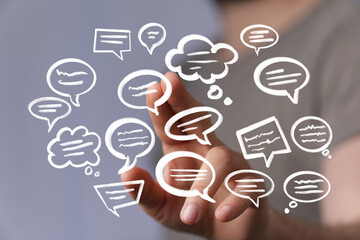 Aufkleber - Image of hand interacting with speech bubbles, ideal for communication, social media, and teamwork concepts.
