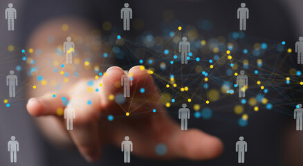 Poster - Hand interacts with a digital network of connected people, representing global communication and teamwork.