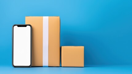 Poster - Modern Smartphone Next to Delivery Boxes on Bright Blue Background for E-commerce and Technology Themes
