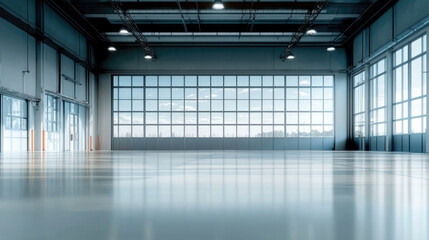 Fototapete - Modern empty aircraft hangar with large glass windows, polished floor, and bright natural light, creating spacious atmosphere