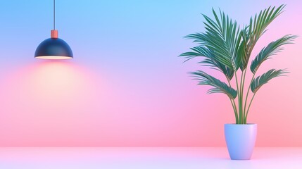 Poster - Modern Minimalist Interior with Indoor Plant and Pendant Light in Pastel Gradient Background