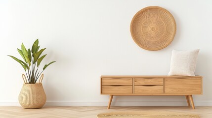 Poster - Modern Scandinavian Interior Design with Wooden Furniture and Decorative Plants in Minimalist Living Space