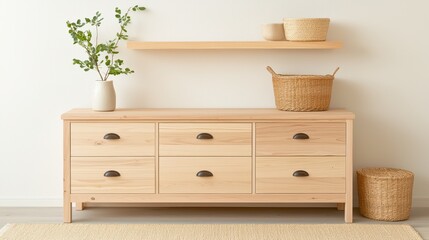 Poster - Modern Minimalist Furniture Arrangement with Wooden Cabinet, Plant, and Decorative Baskets in Bright Interior Space