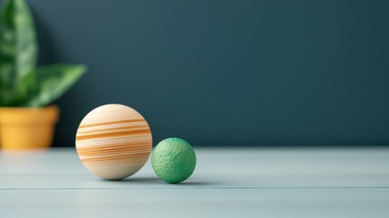 Poster - Colorful Wooden Balls on a Table with a Plant in the Background in a Minimalist Setting