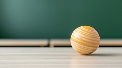 Poster - Vibrant Yellow Decorative Sphere on Wooden Surface with Green Background for Modern Aesthetic Decoration