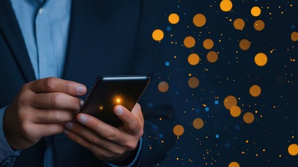 Poster - Elegant Smartphone Usage with Bokeh Background Highlighting Modern Technology and Connectivity in Dark Ambiance