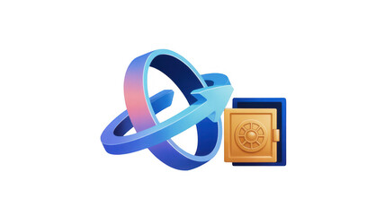 Fototapete - Global money transfer and secure transaction are represented by a rotating sphere with an arrow pointing towards a safe, set against a transparent background