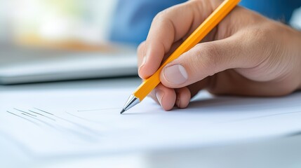 Poster - Close-Up of Hand Holding a Yellow Pencil Over Blank White Paper with Minimalistic Lines Illustration for Creative Designs