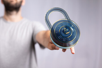 Aufkleber - Secure your data.  Image of a man presenting a digital padlock, symbolizing online protection and cybersecurity.