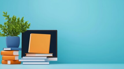 Poster - Decorative desk arrangement with books, computer monitor, green plant, and vibrant background for educational or home office use