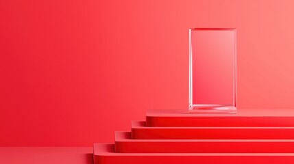 Poster - Clear glass trophy on vibrant red podium elevation with minimalist design for awards, recognition, and presentation themes