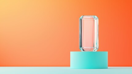 Poster - Clear Glass Object on Circular Base Against Vibrant Orange and Teal Background