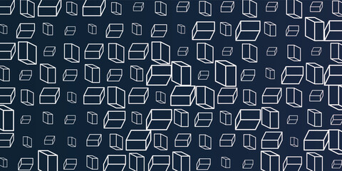 Poster - A vibrant abstract pattern of layers of repeating 3D cubes in white and grey, placed on a dark blue background. The bold geometric design and contrasting colors create a striking modern visual.