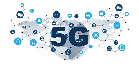 Poster - An illustration of 5G wireless network technology and Internet of Things (IoT), featuring a global world map background, connected smart devices, and icons for mobility, communication, and automation