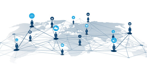 Poster - A vector illustration showing people connected through a global digital network, symbolizing communication, remote collaboration, and smart technology interaction across the world map.