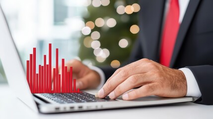 Poster - Businessman Analyzing Data with Laptop and Digital Graph on Holiday Background with Christmas Lights