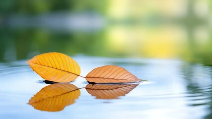 Leinwandbilder - Autumn Leaves Floating: Two golden autumn leaves delicately float on a tranquil body of water, mirroring the soft, blurred hues of the surrounding nature.
