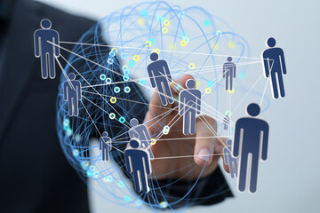 Fototapete - Image of a hand interacting with a global network of people, representing connection and collaboration.