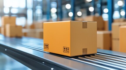 Poster - Cardboard Box on Conveyor Belt in a Distribution Center with Warehouse Background and Blurred Packaging Environment