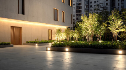 Poster - Modern style warm courtyard with illuminated trees, urban apartment building, evening ambiance, peaceful outdoor space