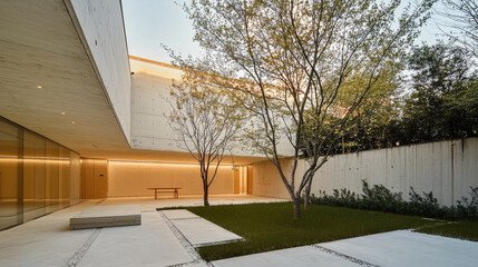 Poster - Modern style warm courtyard with minimalist concrete walls, green grass, trees, and natural light, peaceful atmosphere