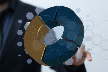 Poster - Stock photo of a businessman interacting with a 3D pie chart, visualizing data and analytics.