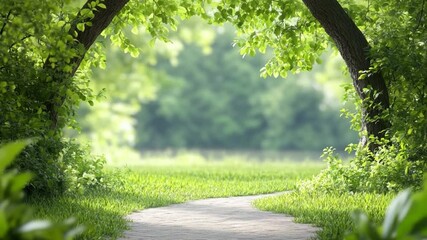 Poster - Pathway to Serenity: A captivating, light-filled photo reveals a lush green path winding towards a peaceful destination, framed by overhanging branches, a true testament to the beauty of nature.