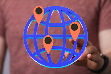 Aufkleber - Person interacts with a digital globe showing multiple location markers, representing global reach and connectivity.