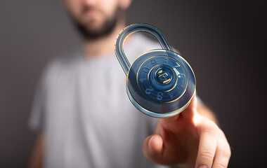 Poster - Secure your data.  Image of a person interacting with a digital padlock.