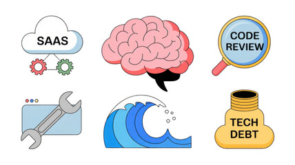 Visualizing software development concepts with icons representing saas, code review, technical debt, and brainstorming, highlighting key aspects of the software lifecycle