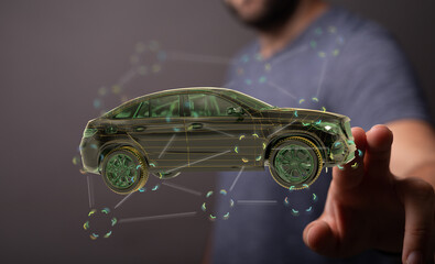 Leinwandbilder - Futuristic car design concept.  Digital network visualization.  Smart vehicle technology.